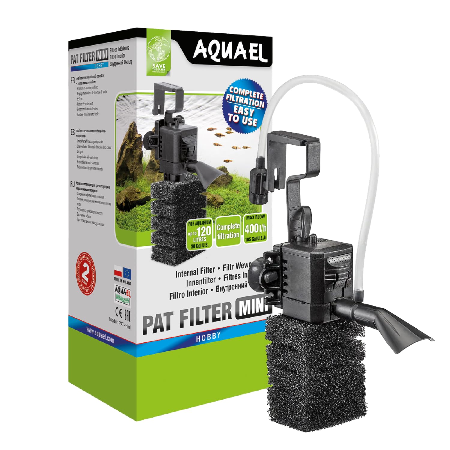 Aquael Pat Mini Internal Fish Tank Filter - Quiet Sponge Filter System for Small Aquariums 2-31 Gallons - Perfect for Betta Tanks, Shrimp Habitats & Nano Aquariums
