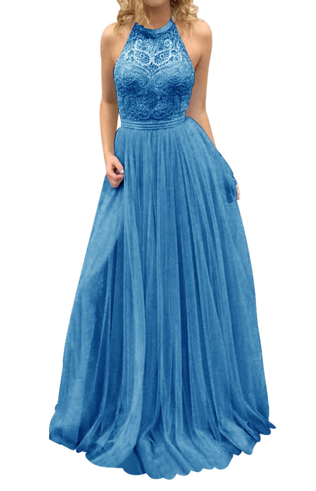 Elegant Halter Neck Prom Dress with Lace & Tulle - Long Formal Evening Gown for Bridesmaids & Wedding Guests | Perfect for Homecoming, Galas & Special Occasions