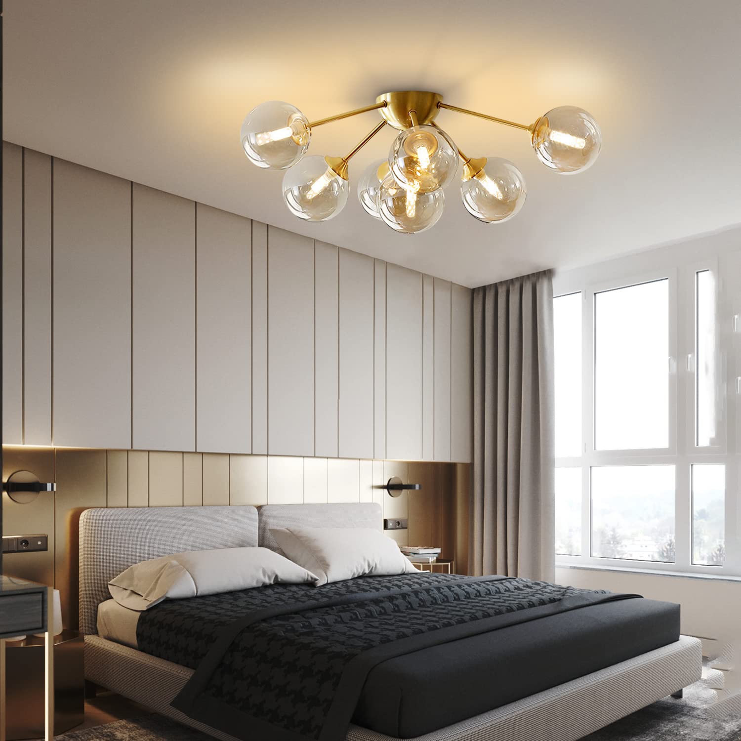 7-Lights Amber Glass Flush Mount Ceiling Light - Brushed Gold Globe Chandelier - Mid Century Modern Fixture for Living Room, Bedroom, Dining Room & Hallway - Warm Ambient Lighting for Home Decor