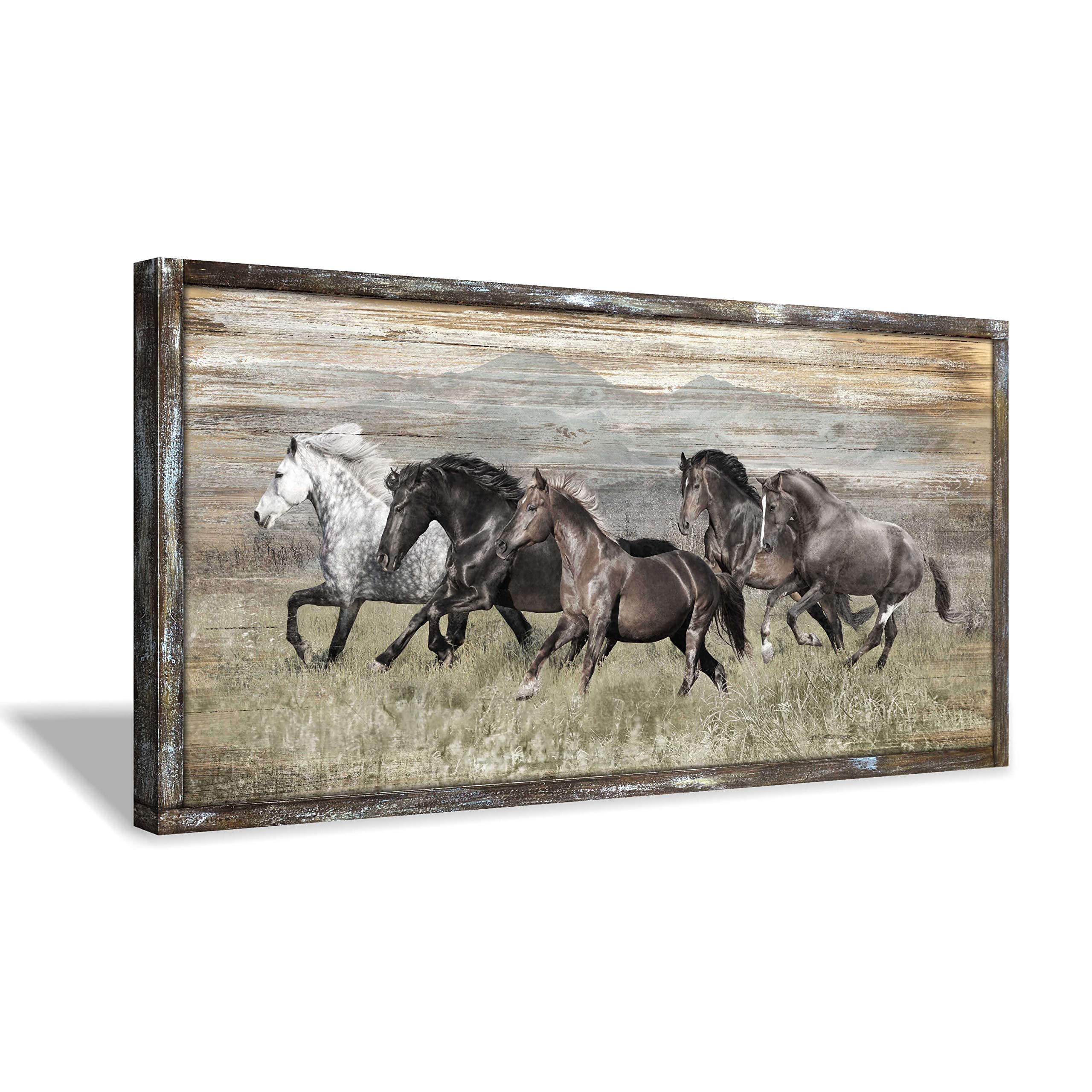 Modern Running Horse Wall Art - Handcrafted Wooden Framed Wildlife Animal Painting Print on Rustic Textured Wood (48x24 Inch) - Perfect for Living Room, Bedroom, Office & Farmhouse Decor