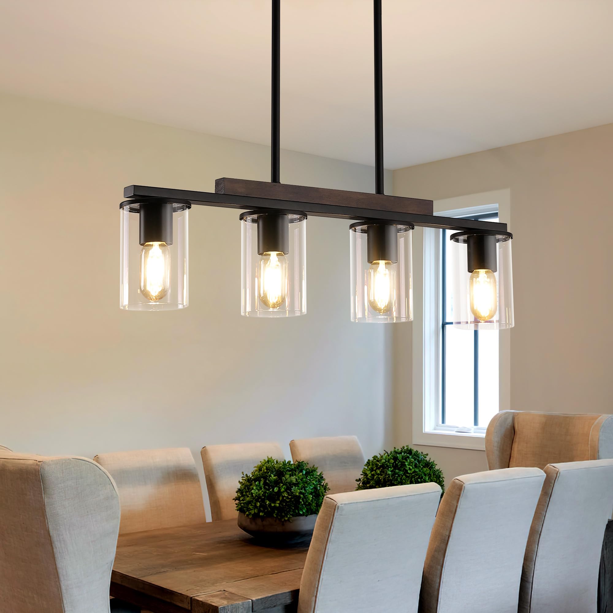 Farmhouse Black Pendant Light Fixture - 4-Light Linear Chandelier for Dining Room & Kitchen Island with Wood Accents | Perfect for Rustic, Modern Farmhouse & Industrial Style Home Decor