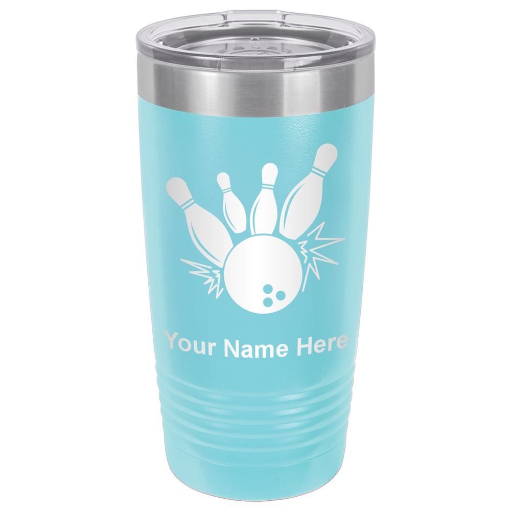 LaserGram 20oz Vacuum Insulated Stainless Steel Tumbler Mug with Bowling Ball & Pins Design - Custom Engraved Personalized Gift for Coffee, Tea & Cold Drinks - Perfect for Office, Gym & Outdoor Activities (Light Blue)