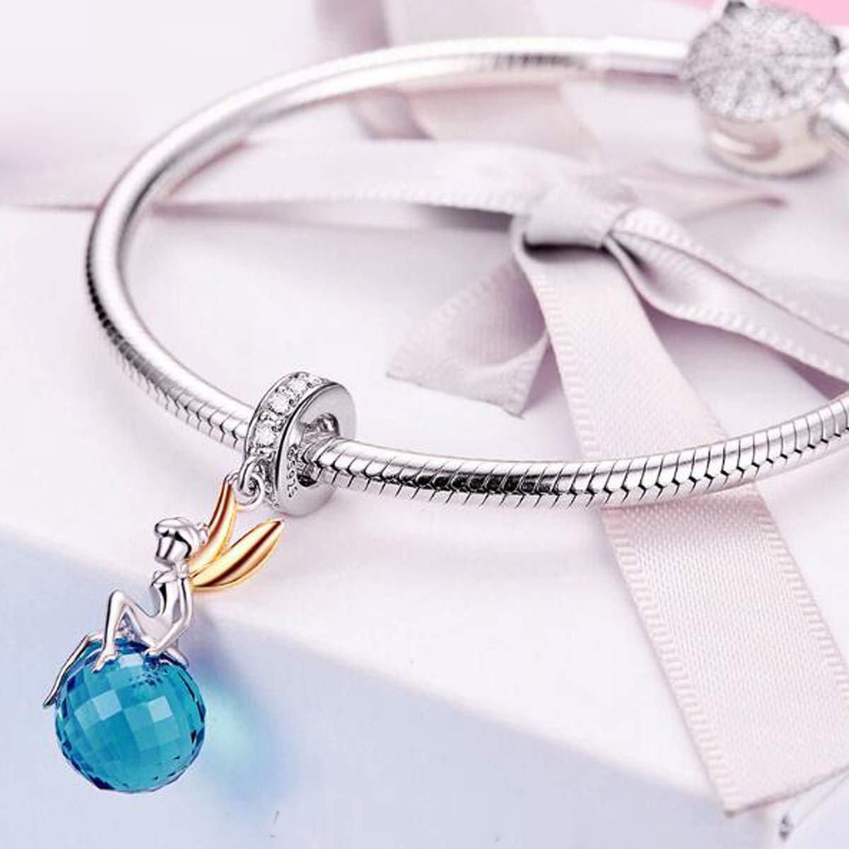 925 Sterling Silver Feather Wing Angel Charm with Blue Birthstone - Elegant Jewelry for Women's Bracelets - Perfect for Gifts, Birthdays & Spiritual Healing