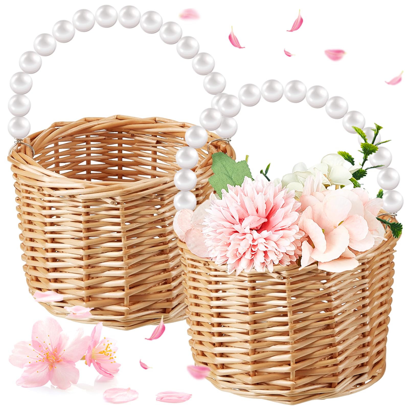 Soaoo Set of 2 Wicker Rattan Flower Girl Baskets with Pearl Handles - Elegant Woven Storage Baskets for Wedding, Home Decor, Garden Party, Valentines Day - Perfect for Candy, Eggs, and Decorative Display