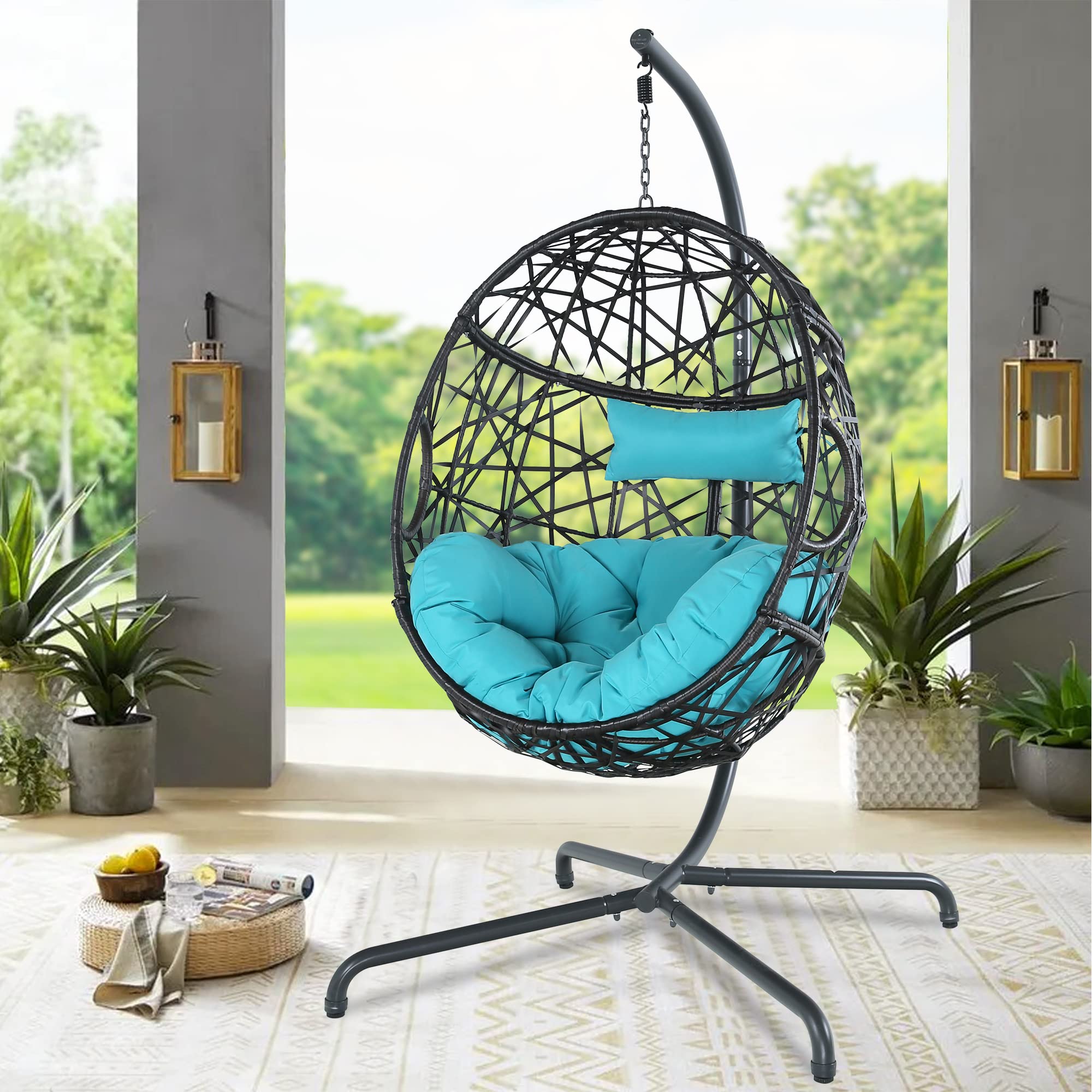 Outdoor Wicker Hanging Egg Chair with Cushion & Stand - Blue Patio Swing Hammock for Garden, Balcony, or Backyard Relaxation