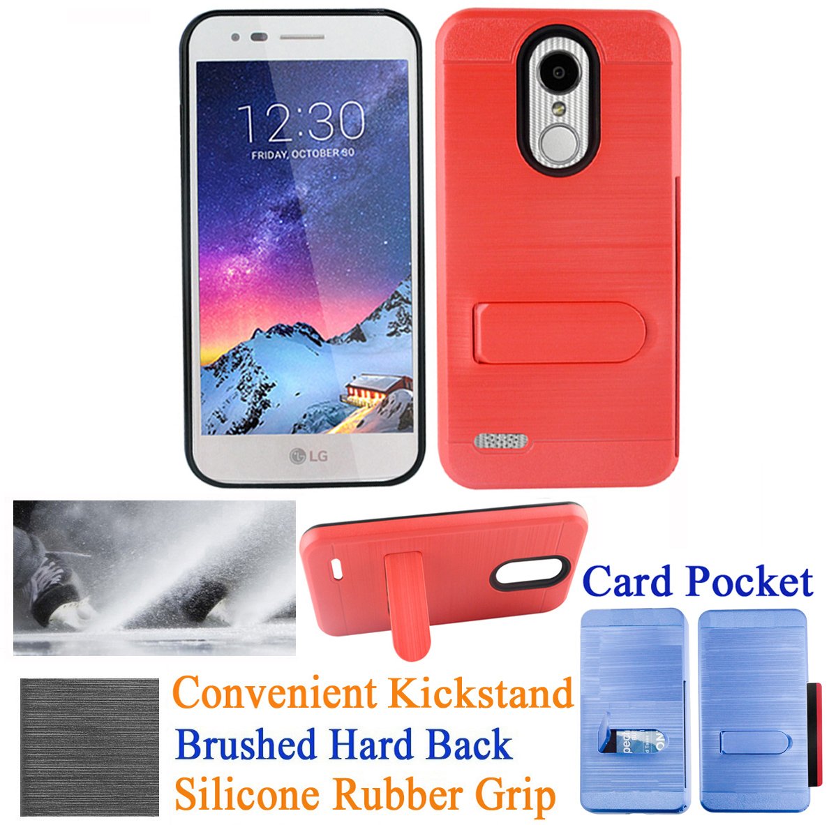 LG Phoenix 3/K4 2017 Case - Slim Hybrid Shockproof Cover with Card Holder & Kickstand (Red) for Daily Use