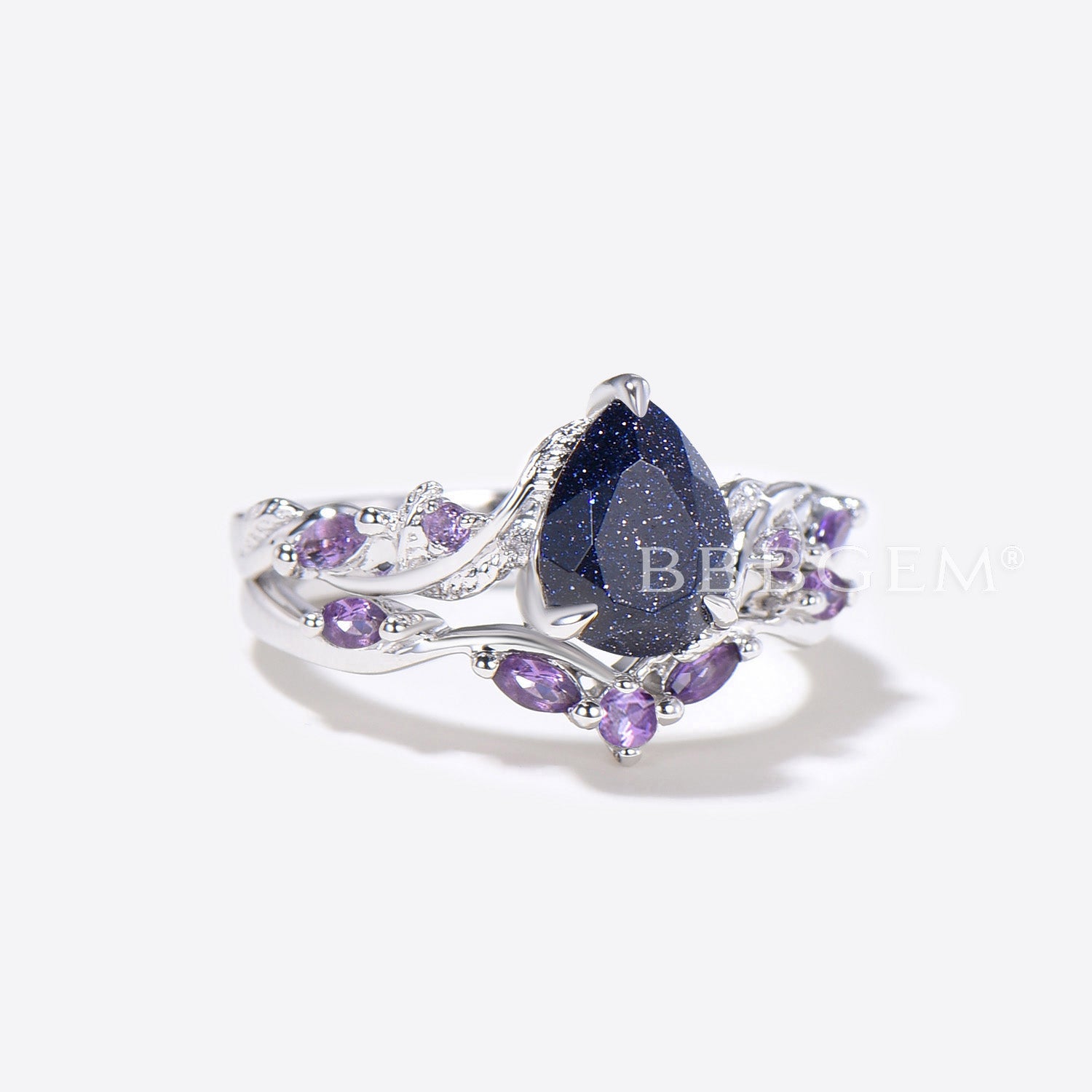 Twig Leaf Pear Blue Sandstone & Amethyst Ring Set - Elegant Cluster Gemstone Jewelry for Women - Perfect for Weddings, Parties & Everyday Wear