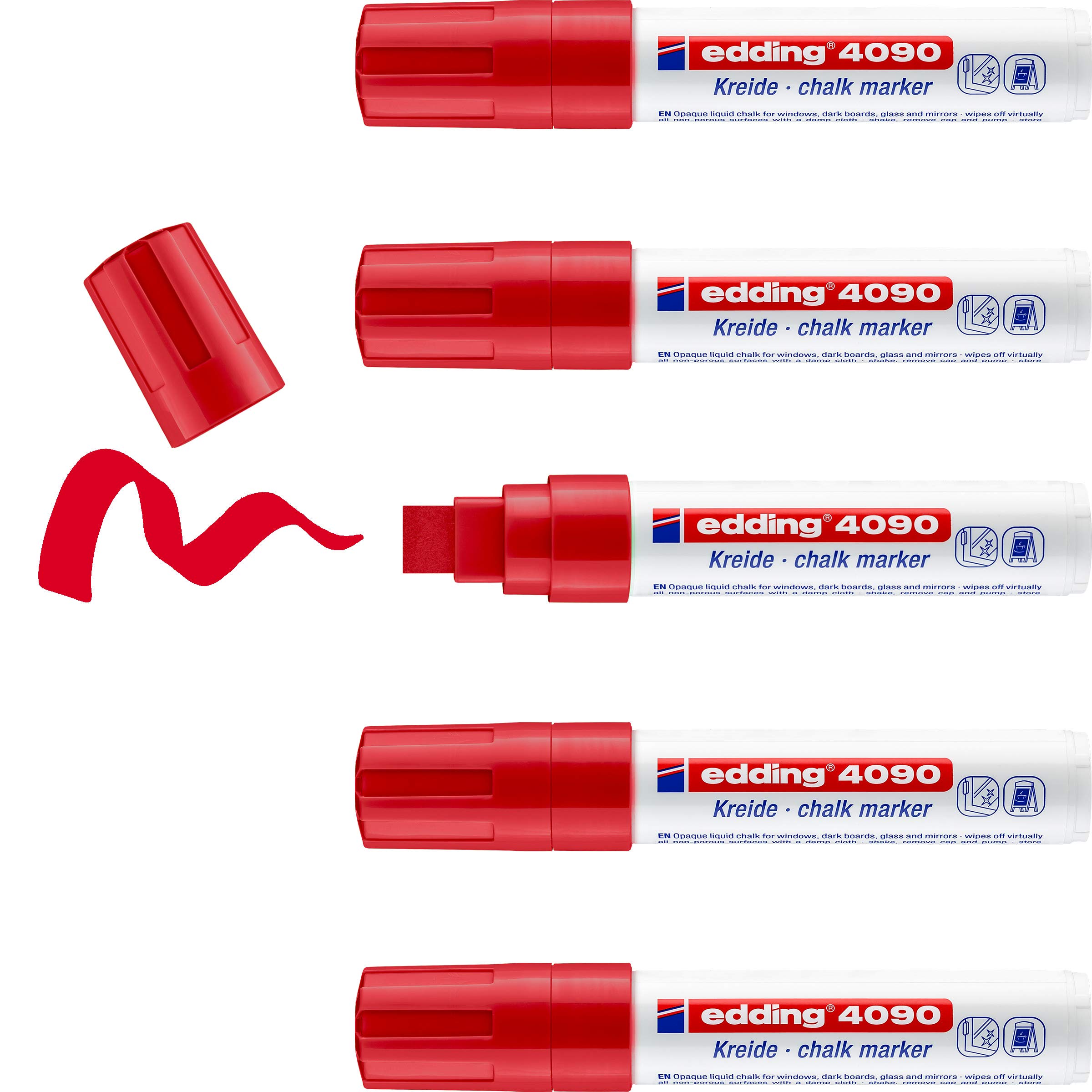 edding 4090 Chalk Marker Set - 5 Pack Vibrant Red Chalk Pens for Chalkboards, Glass, Windows & Signs | Perfect for Restaurants, Cafes, Classrooms & DIY Projects