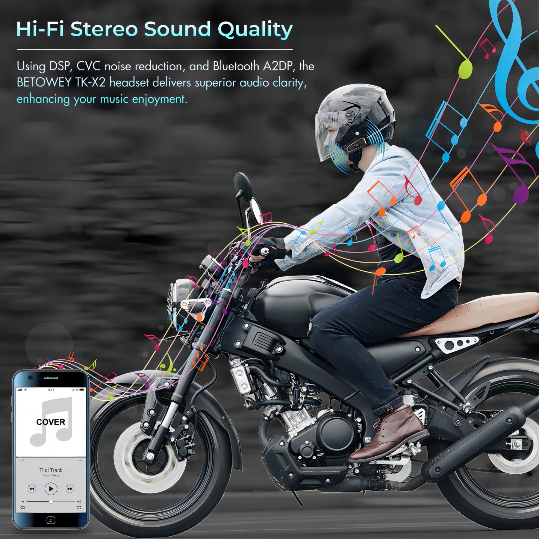BETOWEY TK-X2 Motorcycle Bluetooth Headset - Helmet Intercom Communication System with FM Radio & Dual Microphones for Snowmobile, ATV, Dirt Bike - Perfect for Group Riding, Adventure Tours & Off-Road Communication