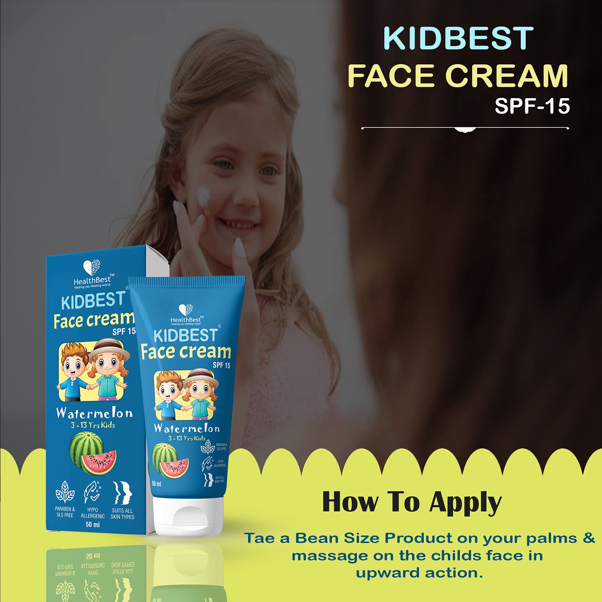 Healthbest Kids Face Cream SPF 15, 50ml - Organic Baby Moisturizer with Sun Protection | Gentle, Tear-Free Formula for Sensitive Skin | Paraben-Free, SLS-Free, Watermelon Scented | Perfect for Daily Use, Outdoor Play & Sun Protection