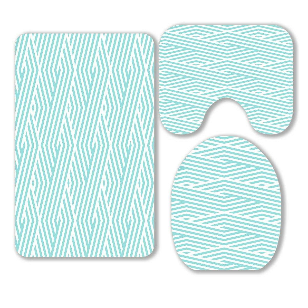 3-Piece Bathroom Rug Set - Striped Green Aqua White Contour Mat & Toilet Lid Cover | Non-Slip Absorbent Bath Mat for Modern Bathrooms, Perfect for Home Decor & Guest Bathrooms