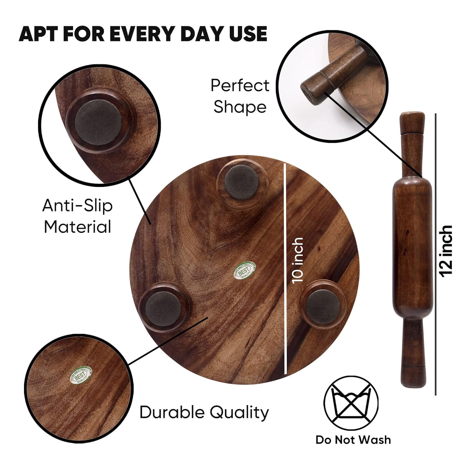 Premium Sheesham Wood Chakla Belan Set - 10 Inch Rosewood Rolling Pin & Board for Roti, Chapati, Dough - Ideal for Indian Cooking, Baking, and Homemade Flatbreads