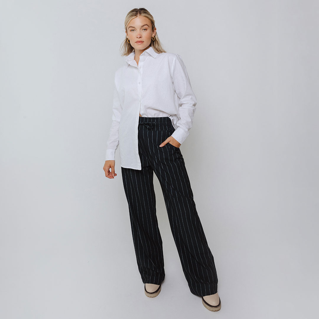 Audrey Women's Navy Pinstripe Dress Pants - Professional Office Work Trousers for Business Casual & Formal Occasions