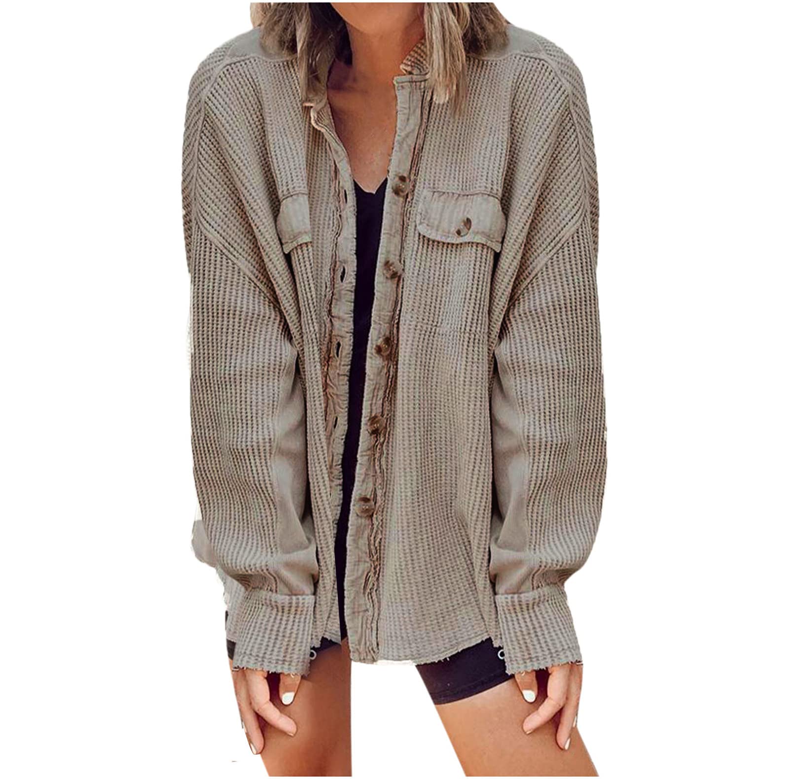 Vintage Distressed Women's Waffle Knit Open Front Cardigan Jacket - Turtleneck Long Sleeve Loose Fit Coat for Casual Outfits | Perfect for Fall Layering, Coffee Dates & Cozy Evenings