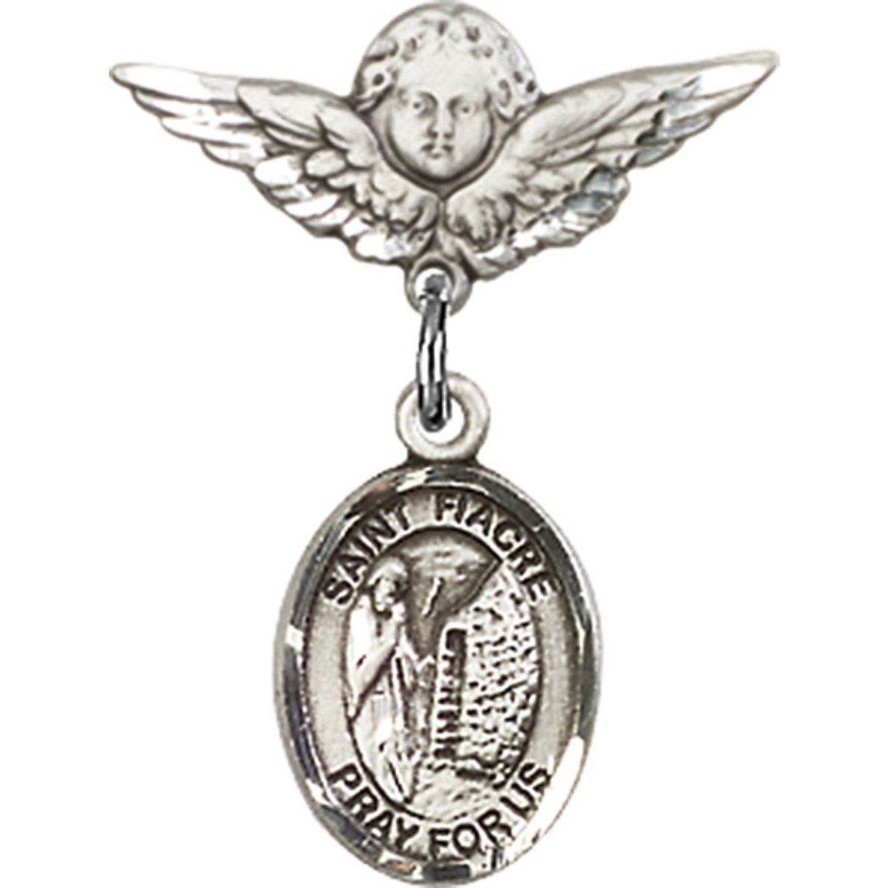 Sterling Silver Baby Badge with St. Fiacre Charm & Angel Wing Pin - 7/8