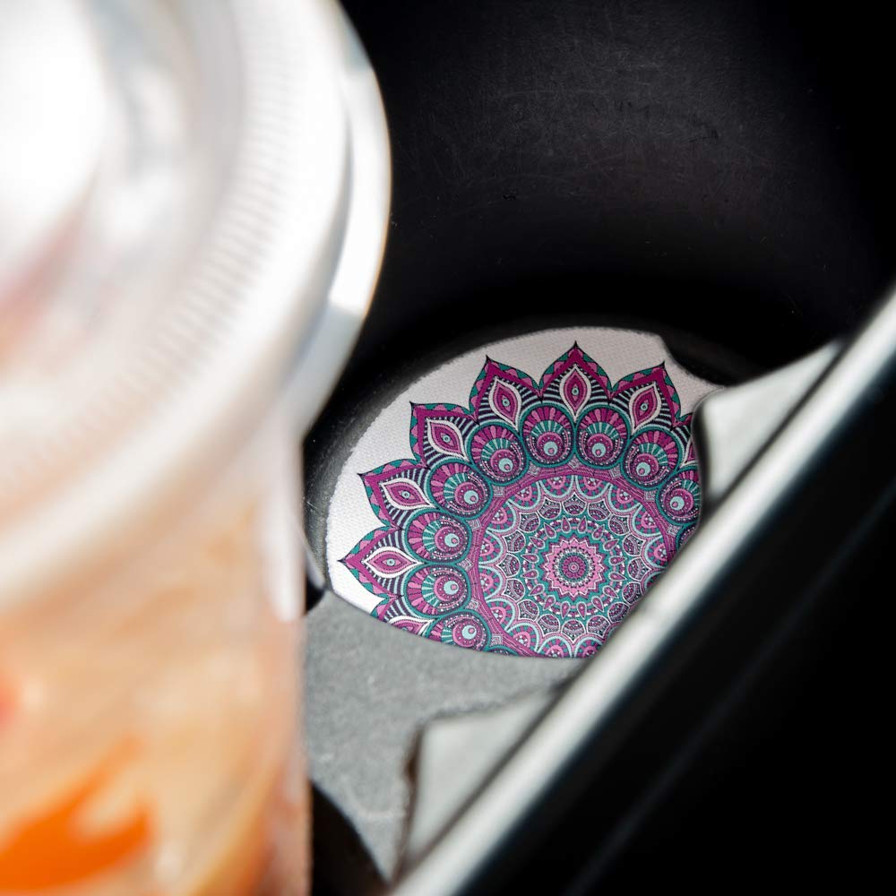 Purple Teal Mandala Car Coasters Set of 2 - Absorbent Drink Coasters with Non-Slip Rubber Backing (2.56 Inch) - Perfect Car Accessories for Coffee, Soda & Water Bottles - Great for Road Trips & Commuting