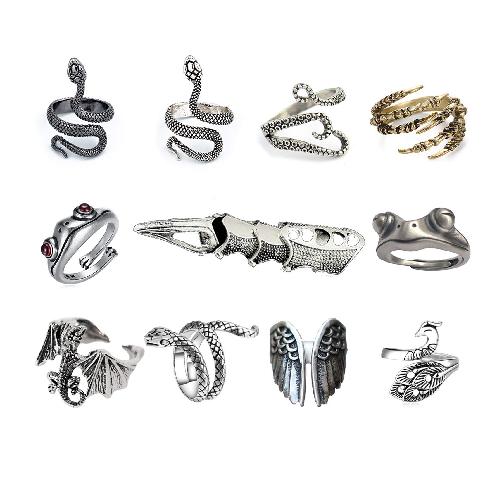 11 Pcs Vintage Frog Rings Set - Cute Animal Open Rings, Retro Snake Rings for Women, Men & Girls - Punk Biker Statement Jewelry - Perfect for Parties, Gifts & Gothic Fashion Accessories