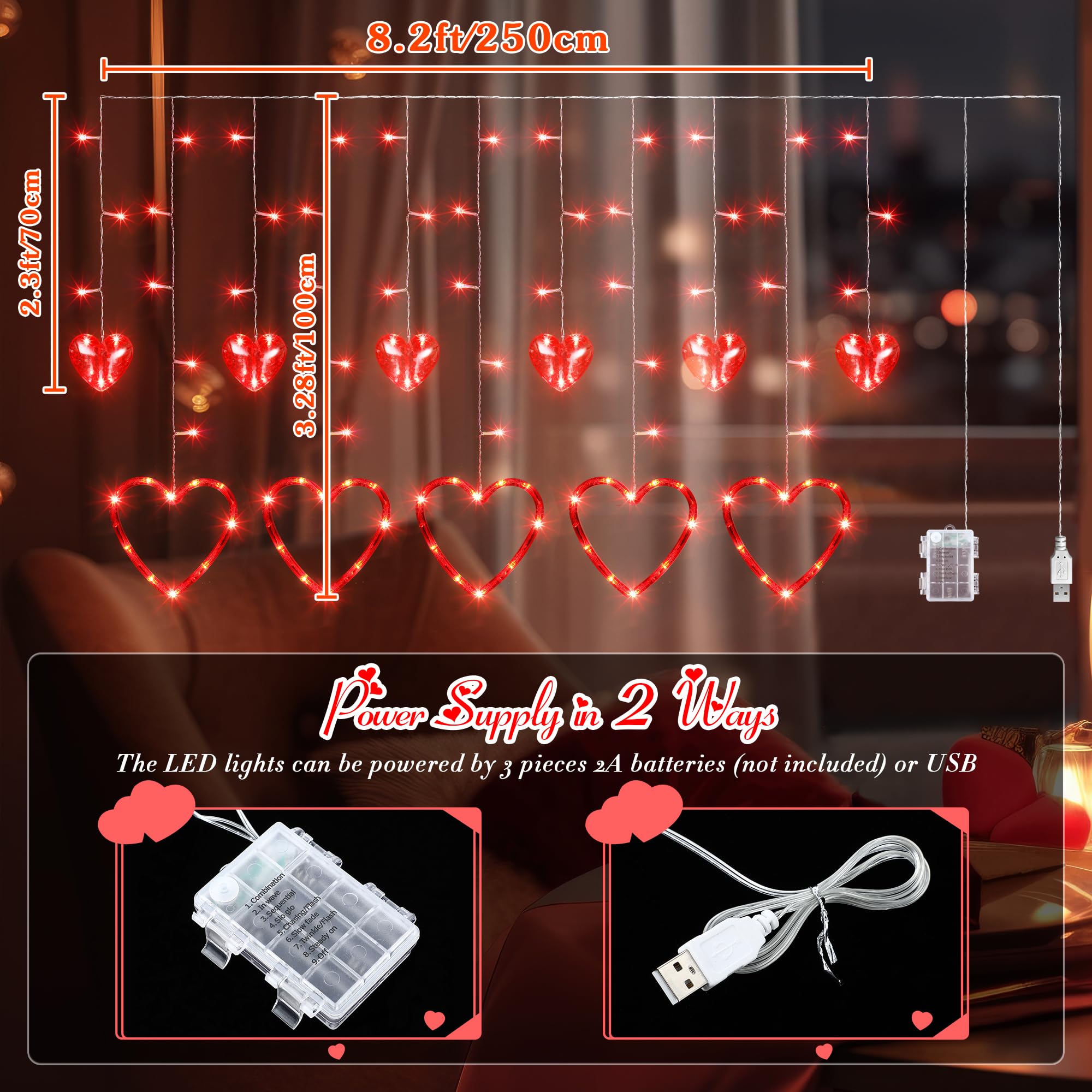Romantic Heart Curtain Lights - 123 LED Love Heart String Lights with USB & Battery Power for Window, Bedroom, Party Decor - Valentine's Day, Mother's Day Gift (Red) | Perfect for Wedding, Anniversary, Christmas Decorations & Photo Backdrops