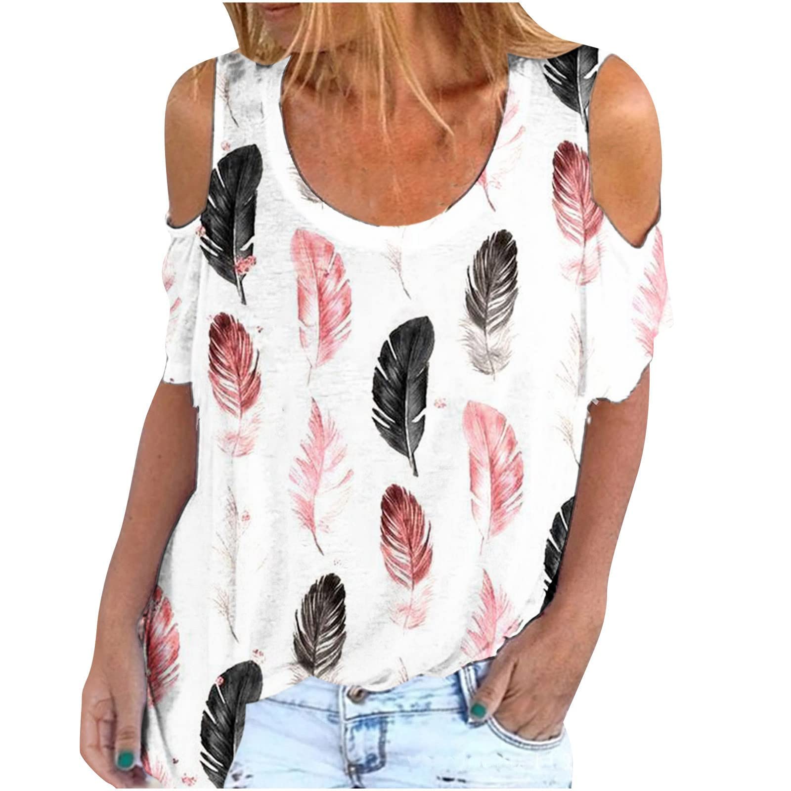 Women's Cold Shoulder Tops Short Sleeve Butterfly Print Blouse - Stretchy Casual Crewneck T-Shirt for Summer - Space Dye Fashion Top for Date Night & Beach Outings