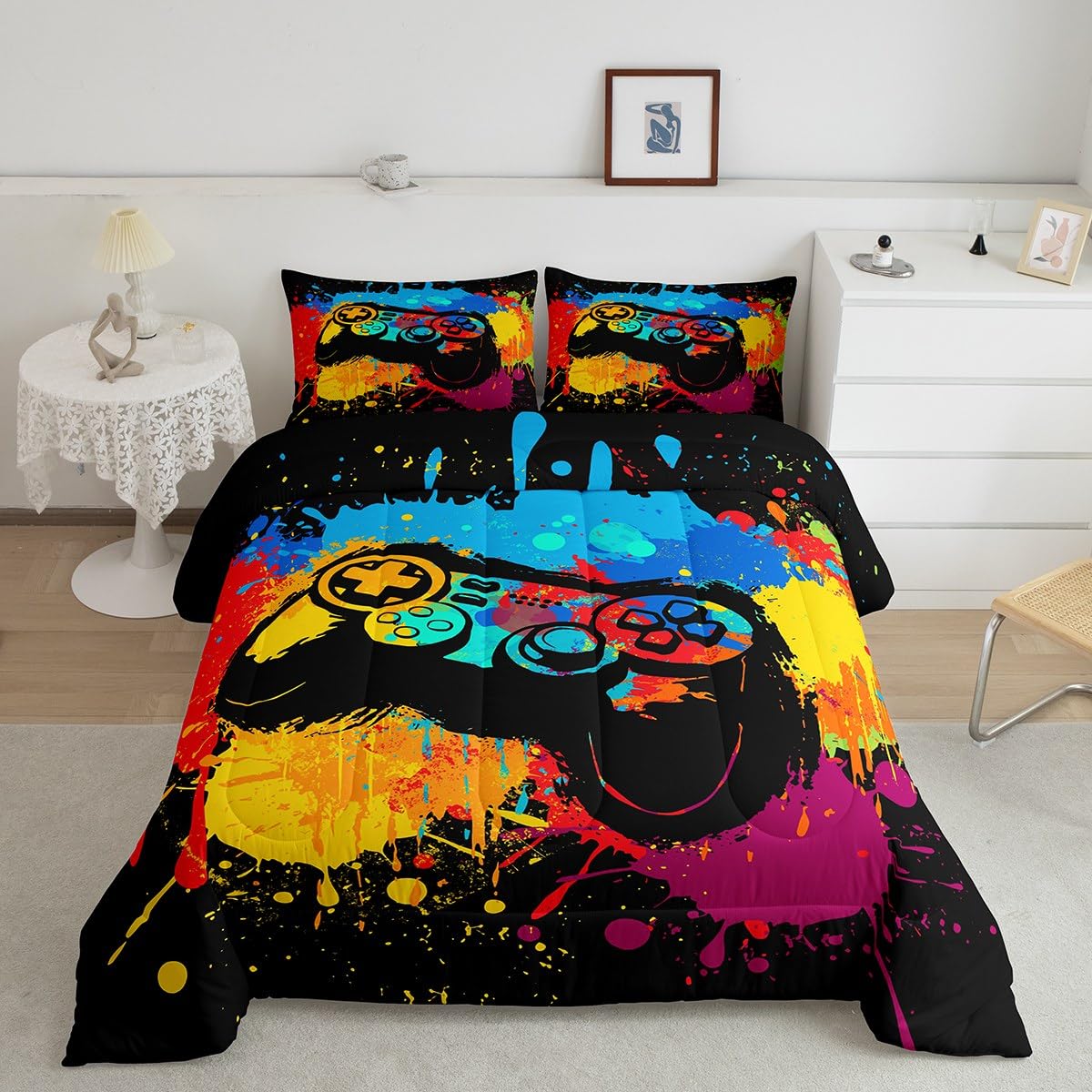 Erosebridal Kids Gaming Bedding Set - Full Size Comforter for Boys & Girls, Toddler Gamer Bedroom Decor in Orange - Perfect for Gaming Rooms, Sleepovers & Themed Bedrooms