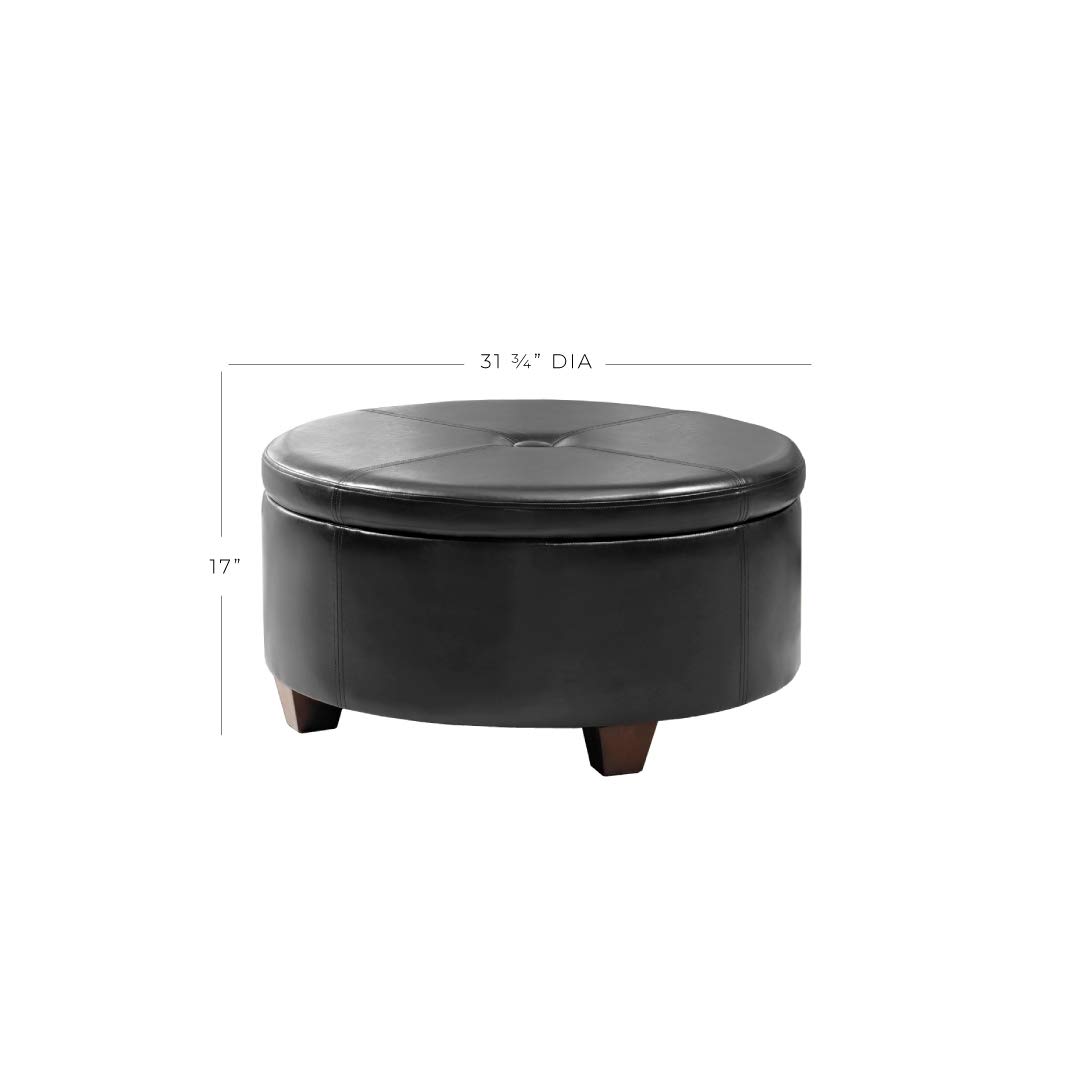 Homepop Upholstered Faux Leather Round Storage Ottoman with Tufted Button Top - Large Decorative Footstool for Living Room & Bedroom - Perfect for Extra Seating, Storage & Home Decor (Black)