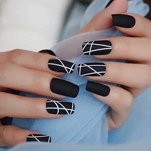 24-Piece Black False Nails Medium Length Full Coverage Glossy Fake Artificial Nails with Black Strip Design - Perfect for Parties, Weddings & Special Occasions