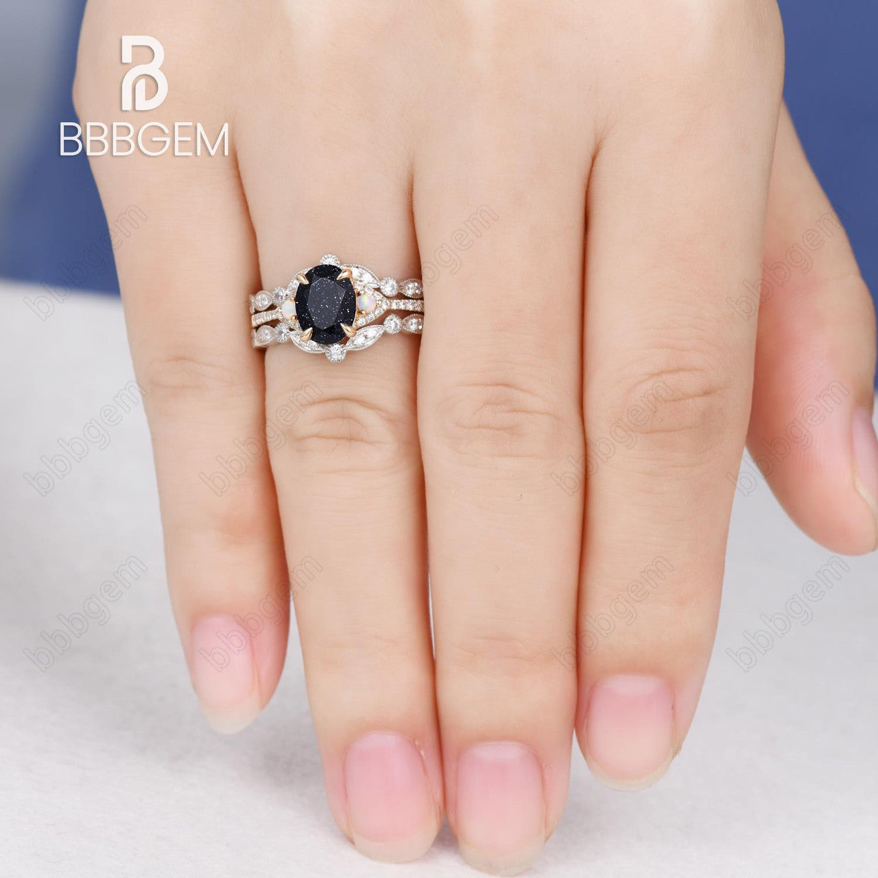 Three Stone Oval Blue Opal Wedding Ring Set in 14k White & Yellow Gold with Diamond Guard Ring Enhancer – Elegant Stackable Bridal Jewelry for Engagement, Anniversary & Special Occasions