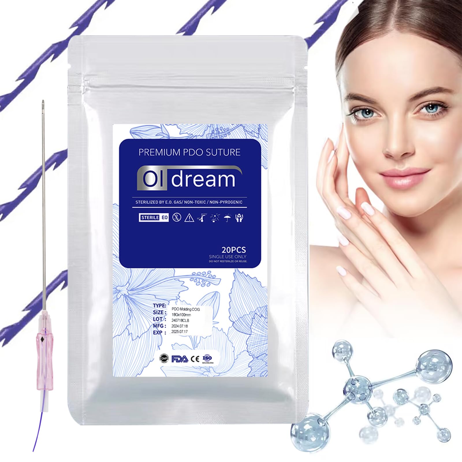 Oldream PDO Threads for Face Lift - 18G 100mm Cog Threads, Anti-Aging Facial Lifting Threads, 20Pcs Blunt Tip Threads | Professional Face Tightening & Wrinkle Reduction for Home Use