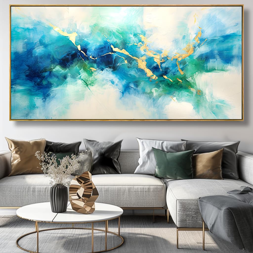 Abstract Canvas Wall Art - Green, Blue & Gold Fantasy Painting - Modern Home Decor for Bedroom, Living Room, Dining Room & Office - 24x48 Inch Framed Artwork - Perfect for Contemporary Spaces & Gift Giving