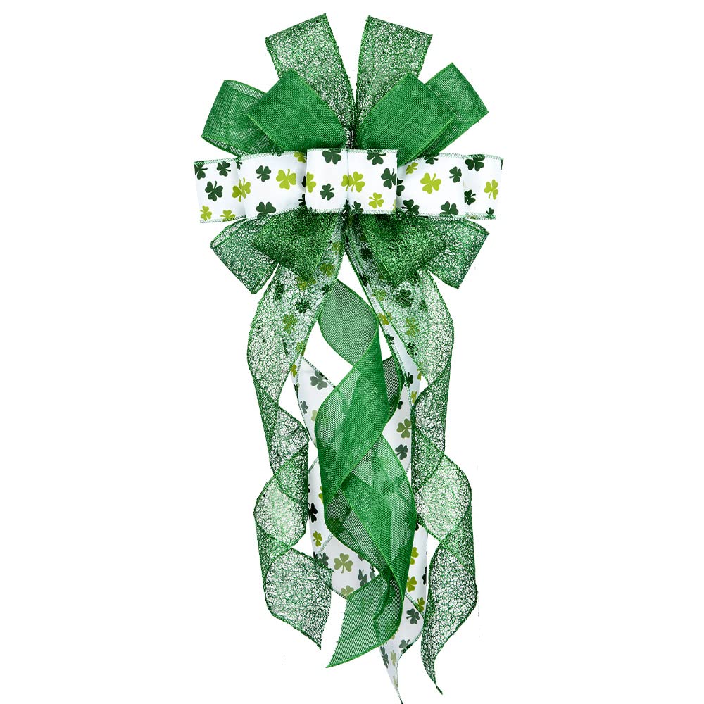 Large St. Patrick's Day Wreath Bows - Green Glitter Shamrock Decor for Front Door, Irish Holiday Party Hanging Ornaments | Perfect for Outdoor Decorations, Wreath Accents & St. Patrick's Day Celebrations