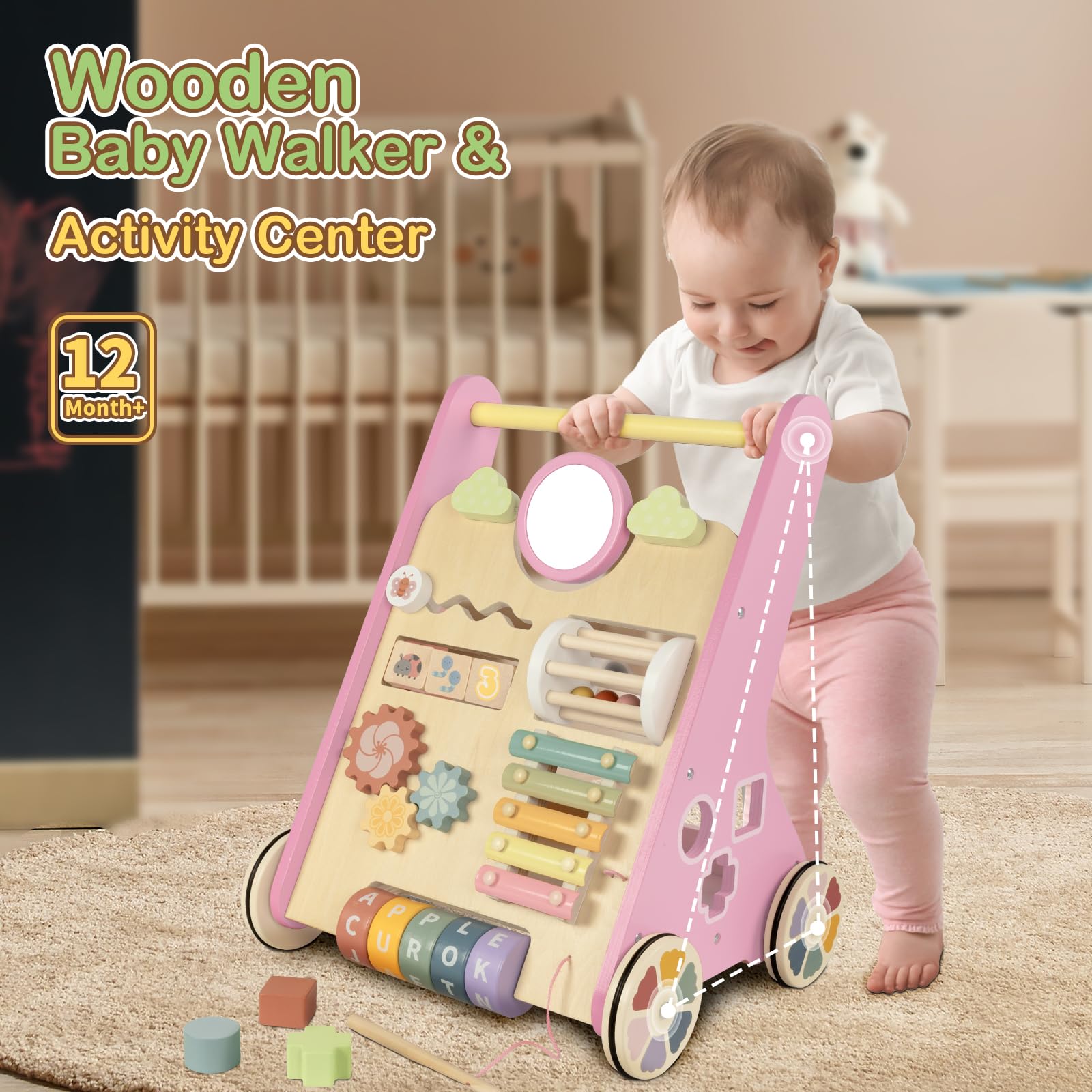 Wooden Baby Walker with Wheels - Push Walker Toy for Babies 6-12 Months - First Steps Learning Toy for 1 Year Old Boys & Girls - Perfect for Indoor Playtime & Early Walking Development