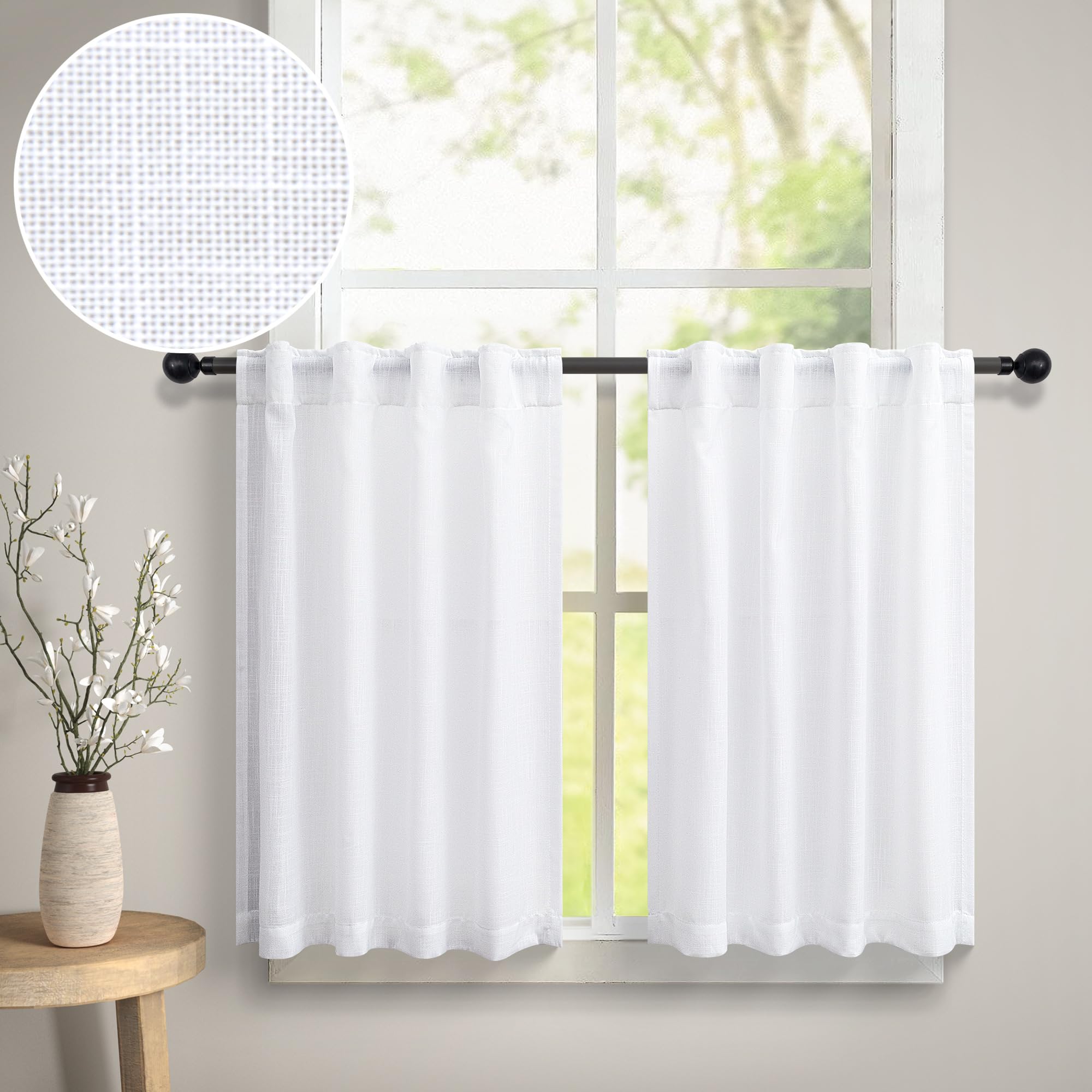 DANCURTON White Semi-Sheer Linen Cafe Curtains - 30 Inch Length, 2 Panels Set with Back Tab Pocket - Perfect for Kitchen Window Over Sink, Small Bathroom, Bedroom & Living Room - Elegant Window Treatment for Casual Dining Areas & Cozy Home Decor