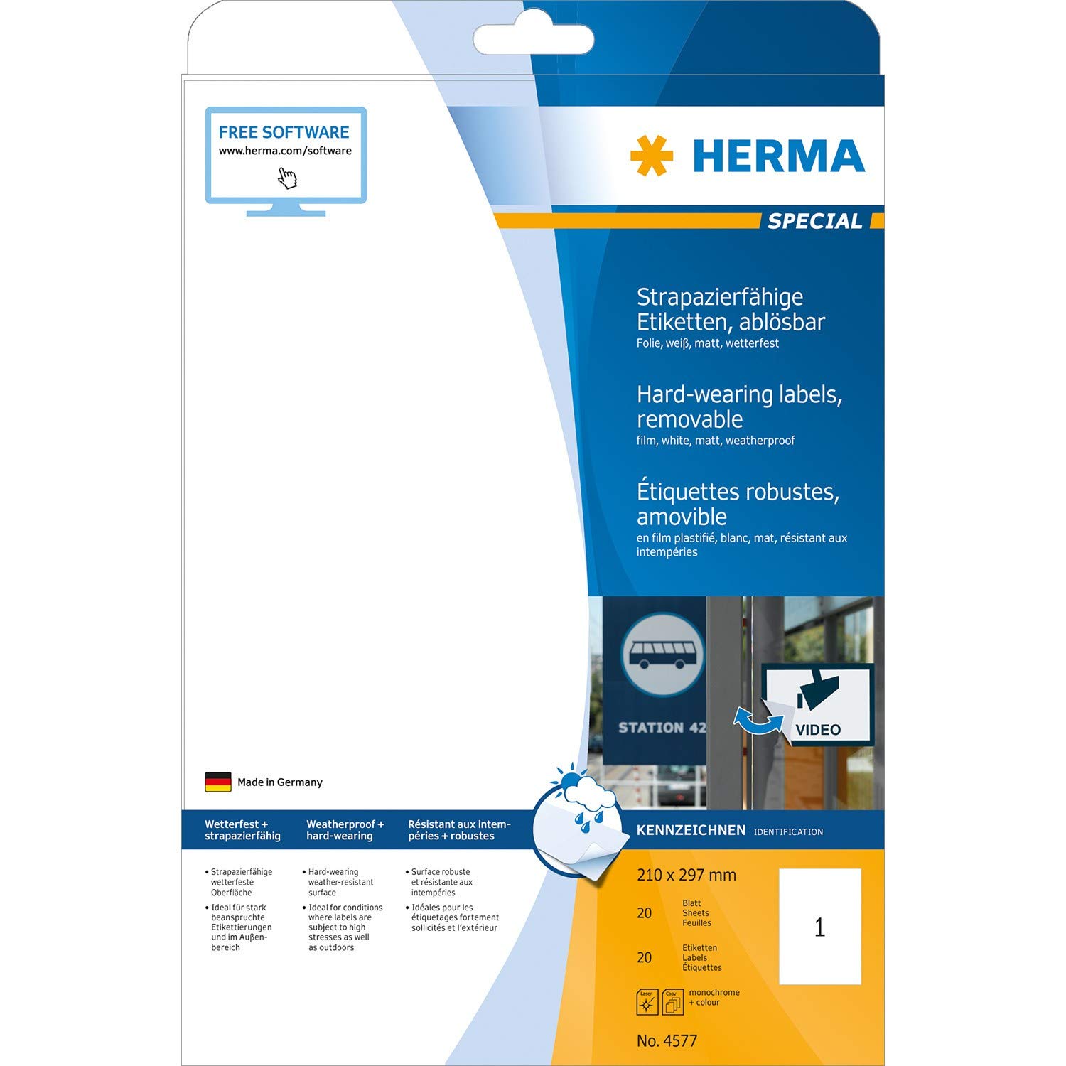 HERMA 4577 Removable Self-Adhesive Blank Labels - 20 Sheets (1 Label per A4 Sheet, 210x297mm) - Weatherproof Laser & Inkjet Printer Stickers for Office, Shipping & Organization - White
