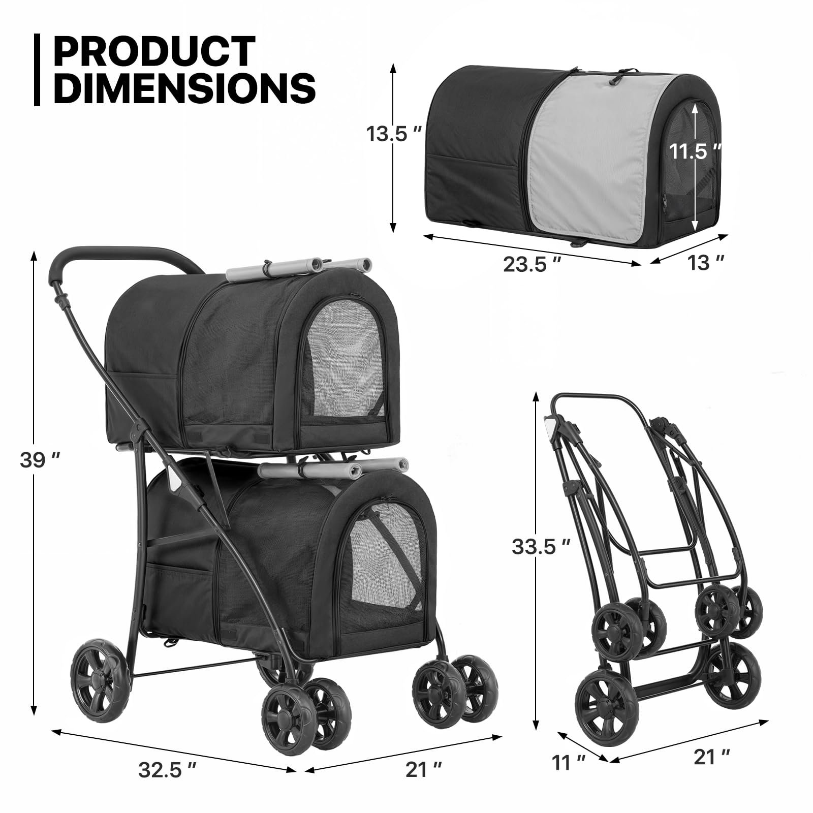 MoNiBloom Double Dog Stroller with Detachable Carrier Bags - Large 4-Wheel Foldable Pet Jogger for Small & Medium Dogs & Cats (Black/Gray) - Perfect for Park Walks, Vet Visits & Outdoor Adventures