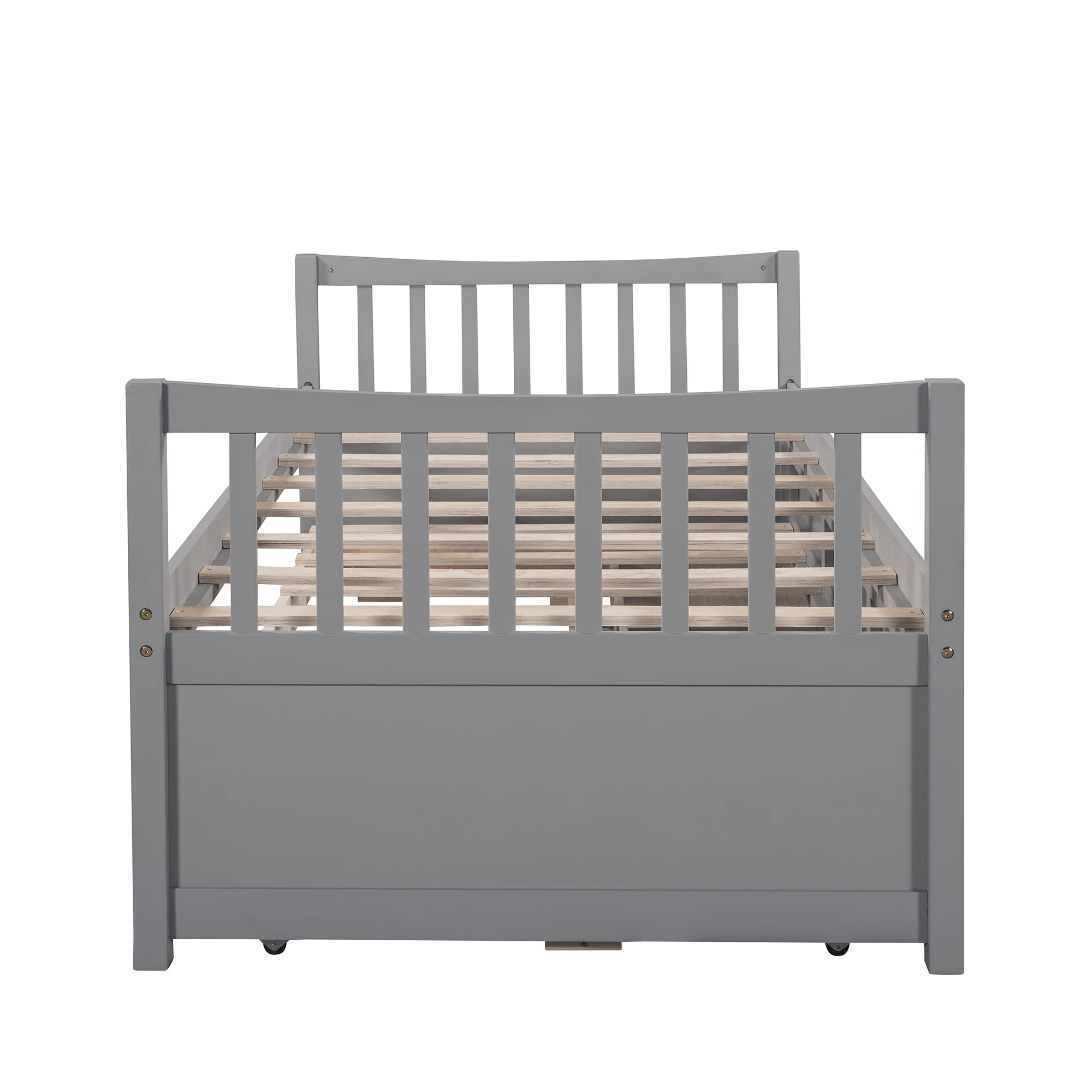 Twin Size Daybed with Trundle - Pinewood Platform Bed Frame with 3 Storage Drawers, Convertible Sofa Bed for Kids & Teens Bedroom - Space Saving Gray Furniture for Guest Room, Dorm or Small Spaces