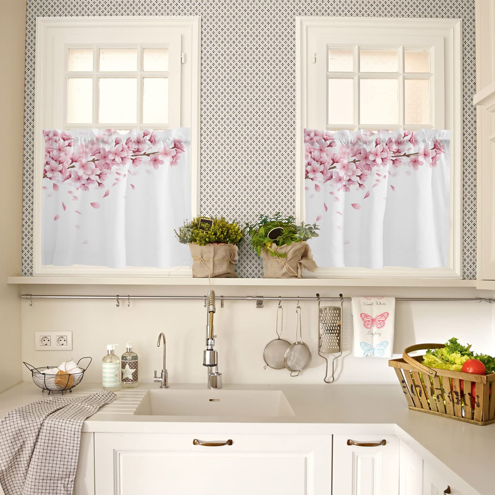 Spring Pink Sakura Flowers Kitchen Curtains 24 Inch Length - 2 Panels Short Cafe Tier Drapes with Rod Pocket, 55x24 Inches - Perfect for Small Windows, Kitchen Decor & Cozy Home Aesthetic