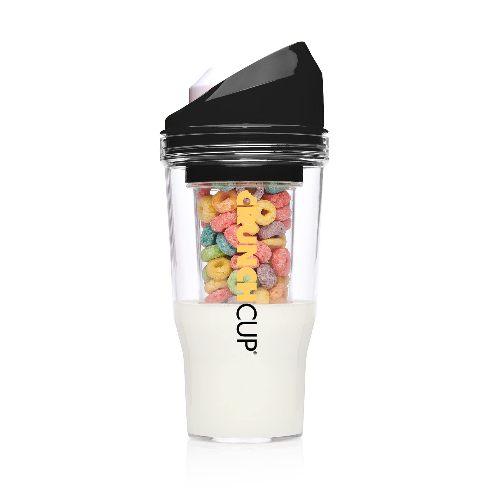 CRUNCHCUP XL Black - Portable Plastic Cereal Cup with Lid, Perfect for Breakfast On The Go, Travel, Camping & Office - No Bowl or Spoon Needed | Holds Milk & Cereal Together | BPA-Free & Leak-Proof Design
