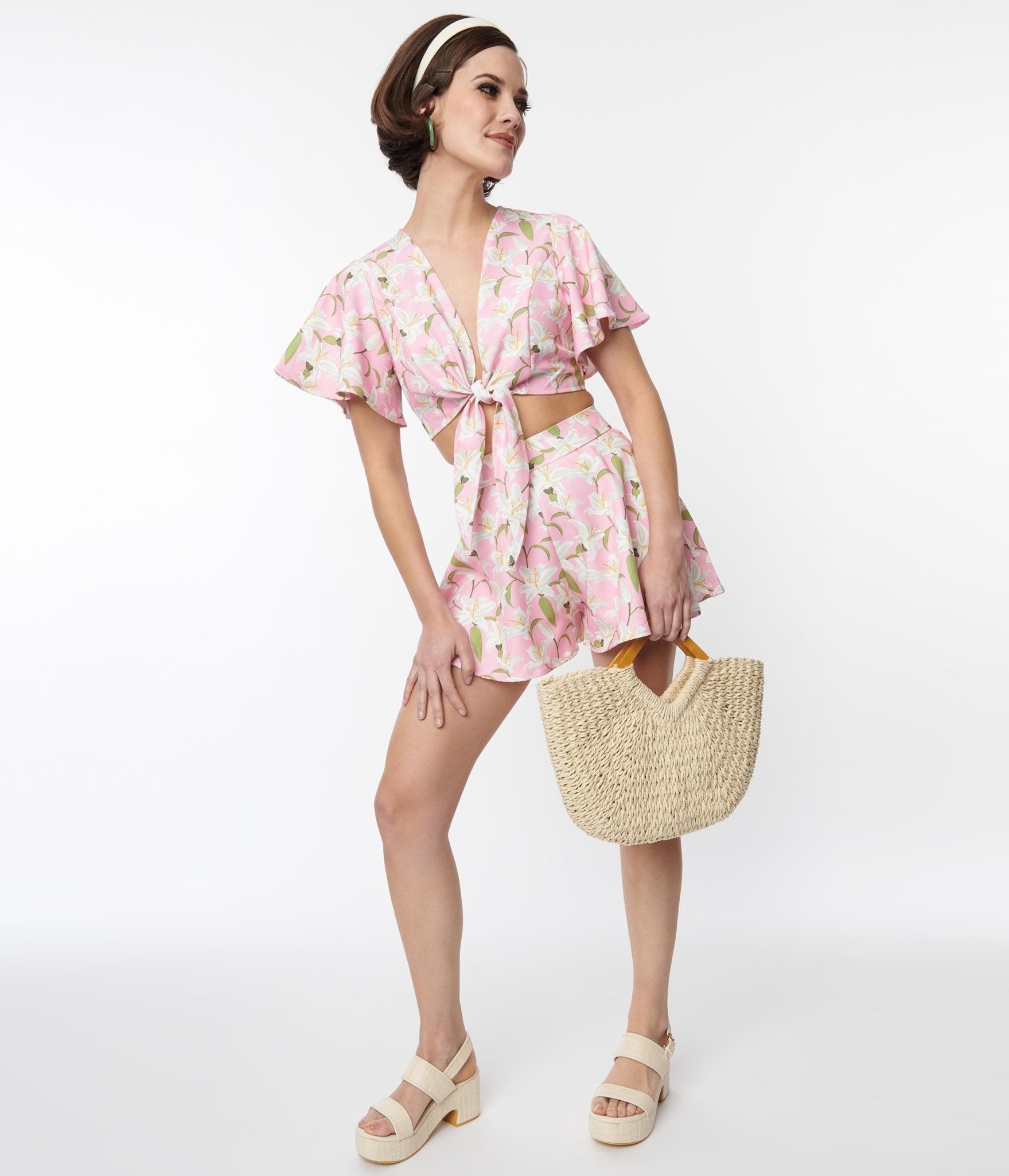 Stylish Pink & White Lilies Bama Breeze Matching Top & Shorts Set for Women - Perfect for Summer Outfits, Beach Vacations, and Casual Wear