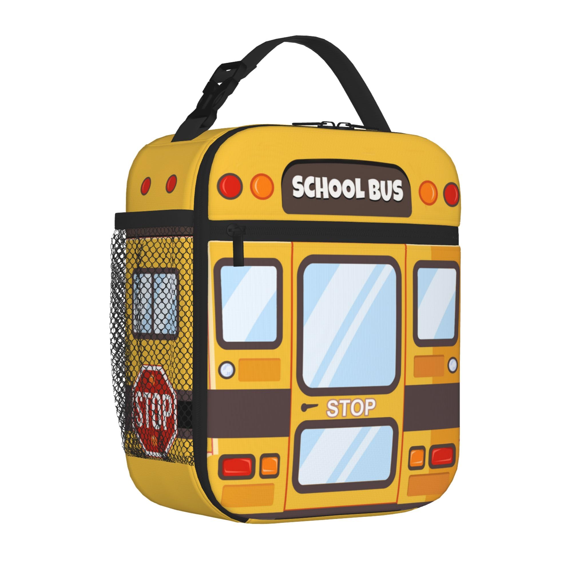 Insulated Reusable Kids Lunch Box for Boys & Girls - Leakproof High Capacity School Lunch Bag with Pockets, Thermal Cooler Sack for Picnic, Camping, Travel & Daily School Use (School Bus Design)