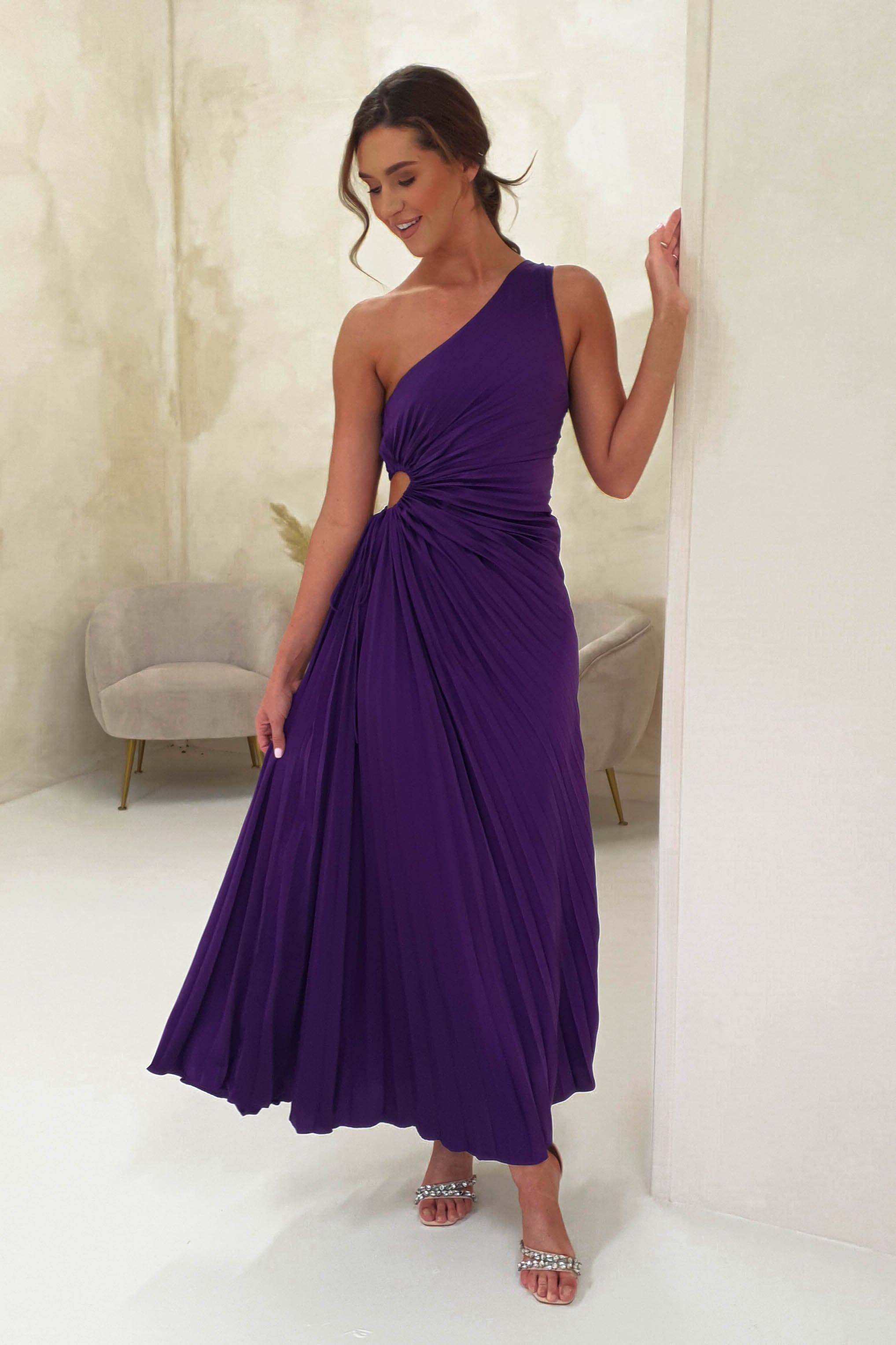 Olsen Pleated Maxi Dress for Women - Elegant Deep Purple Flowy Long Dress for Summer, Beach, Wedding & Special Occasions