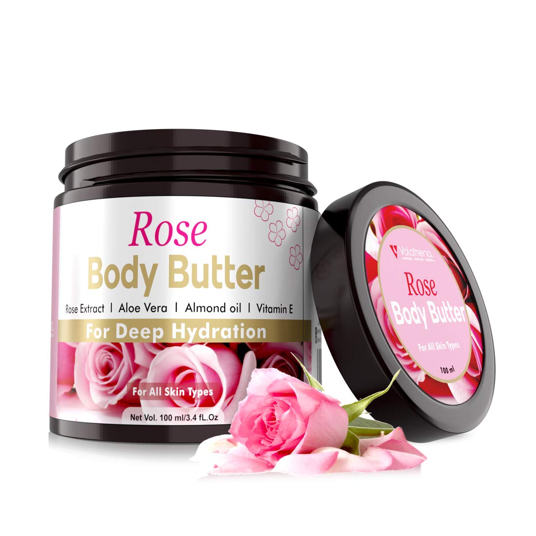 Volamena Rose Body Butter for Dry Skin - Enriched with British Rose, Almond Oil & Vitamin E | Vegan, Cruelty-Free Moisturizer for Women & Men | 100ml | Perfect for Daily Hydration & Sensitive Skin Care