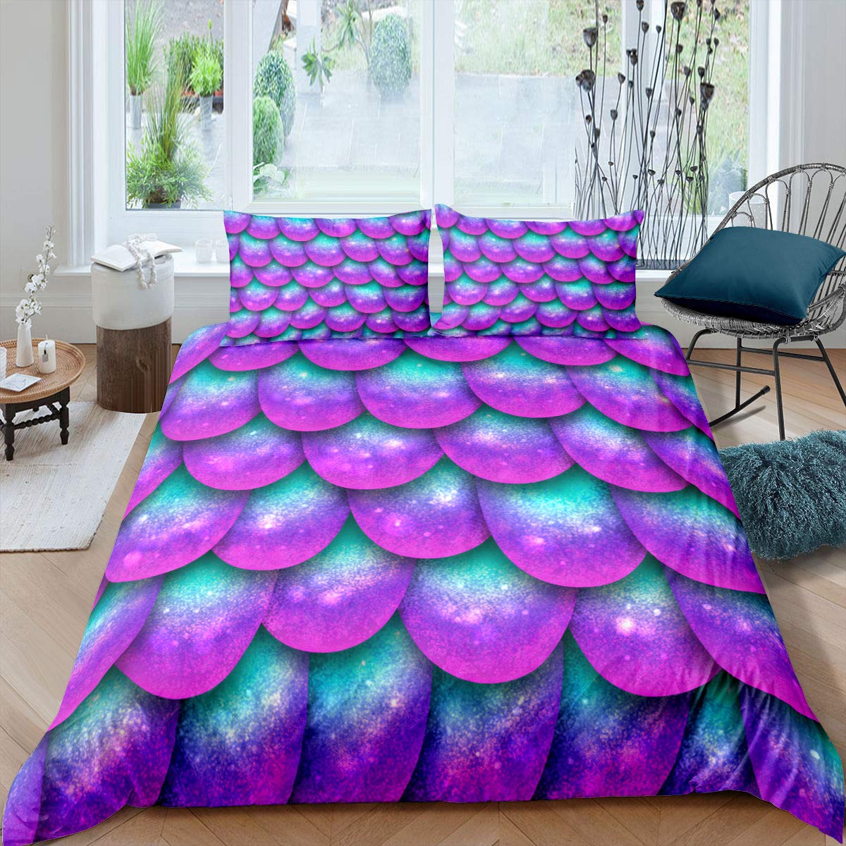 Erosebridal Mermaid Scale Duvet Cover Set - Seigaiha Pattern Quilt Cover, Trippy Comforter for Girls & Women, Purple Twin Size (2 Pcs) - Breathable Bedding for Kids Room, Teen Bedroom & Boho Decor