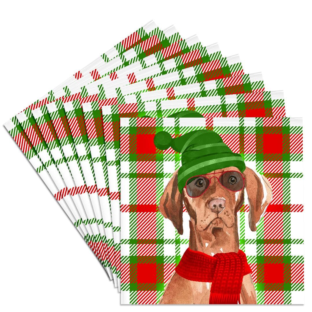 Set of 8 Ceramic Tile Coasters with Funny Vizsla Christmas Dog Design - Holiday Plaid Fleas Navidog Collection in Bold Red & Green | Perfect for Christmas Gifts, Home Decor & Party Supplies