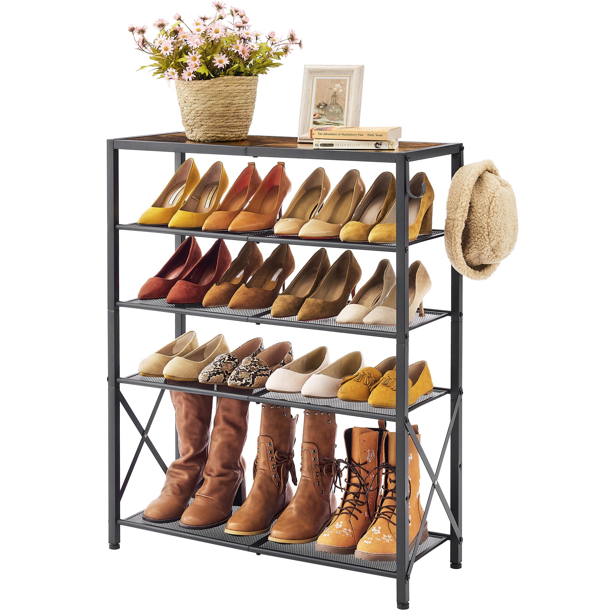 5-Tier Metal Mesh Shoe Rack Organizer - Holds 16-20 Pairs of Shoes with X-Shape Fixed Frame & 2 Hooks - Rustic Brown & Black Entryway Storage Solution for Home, Apartment, Dorm Room (Perfect for Small Spaces & Closet Organization)