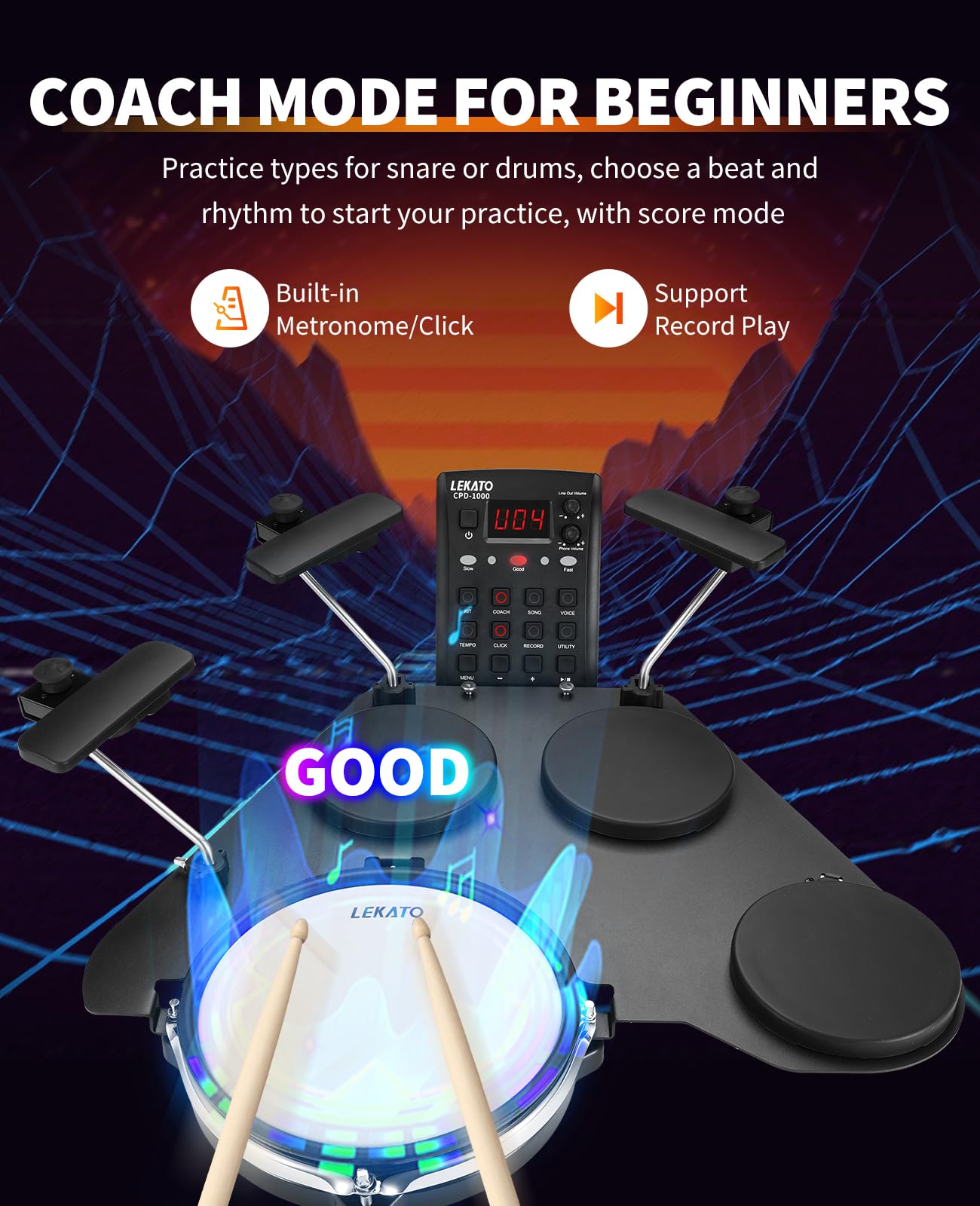 LEKATO Electronic Drum Set - Portable Electric Drum Kit for Beginners with Quiet Mesh Snare Pads, 220+ Sounds, USB MIDI, 2 Switch Pedals, Drum Sticks & Travel Bag - Perfect for Home Practice, Studio Recording & Live Performances