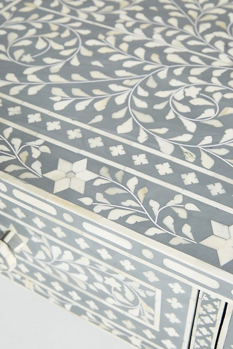 Handmade Bone Inlay Floral Design Coffee Table with Two Drawers - Grey Modern Side Table for Living Room, Bedroom & Office Decor