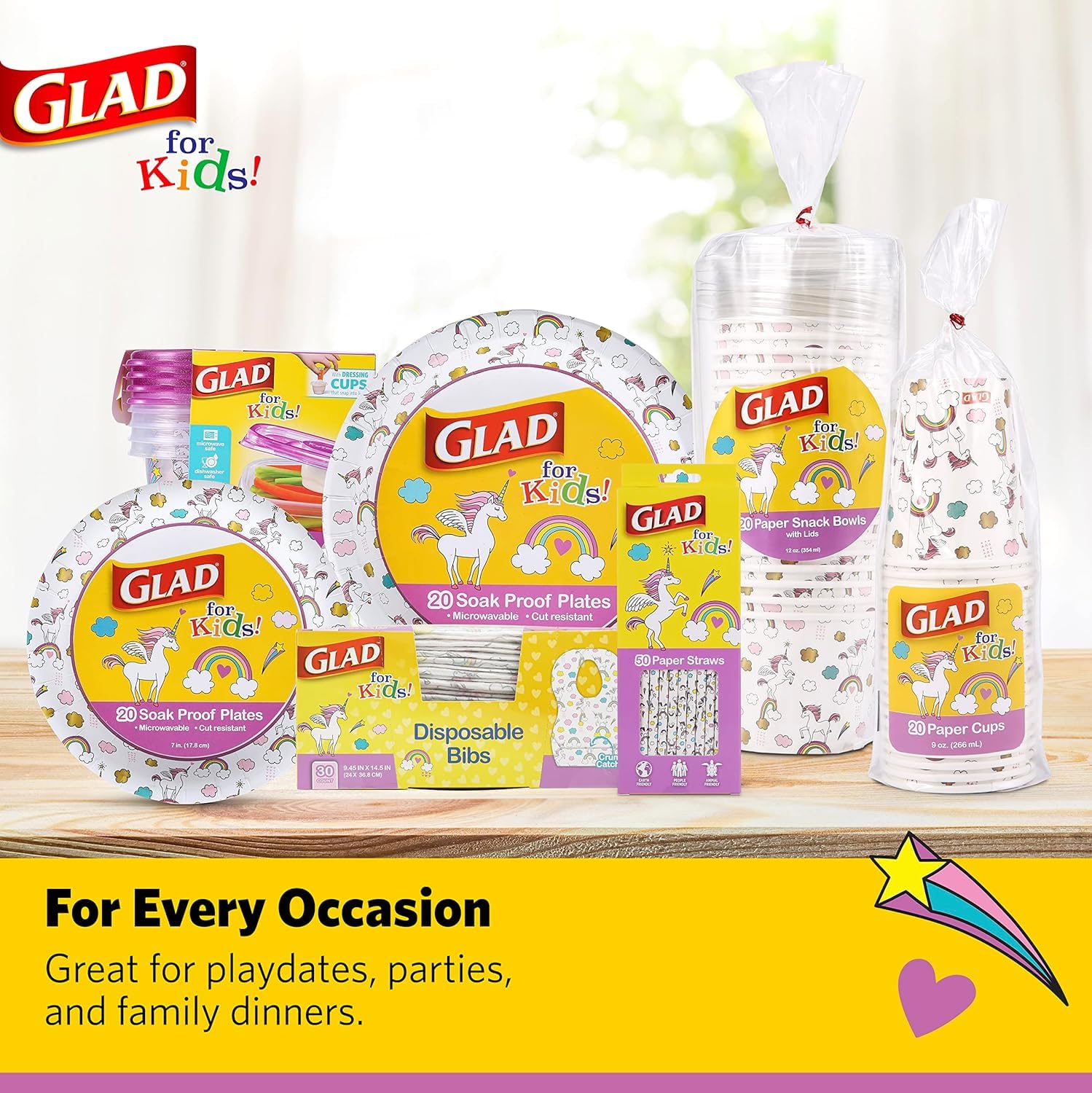 Glad for Kids Unicorns Disposable Bibs - 24 Pack Cute Unicorn Design Baby Feeding Bibs for Toddlers, Mess-Free Mealtime & On-the-Go Convenience