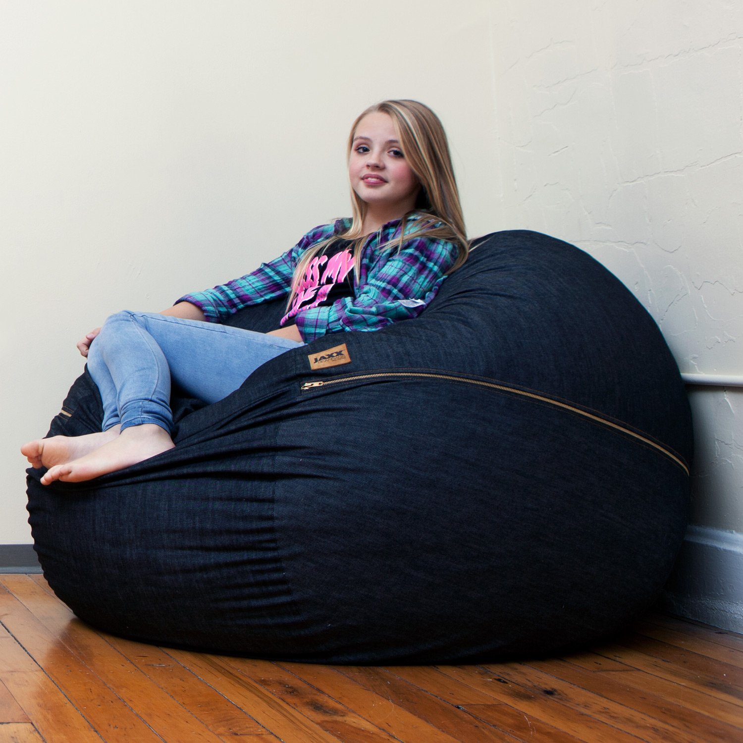Jaxx 4 ft Large Bean Bag Chair - Premium Black Denim Cover - Ultra Soft Filling for Adults & Teens - Perfect for Gaming, Lounging, Movie Nights & Dorm Rooms (15332400)