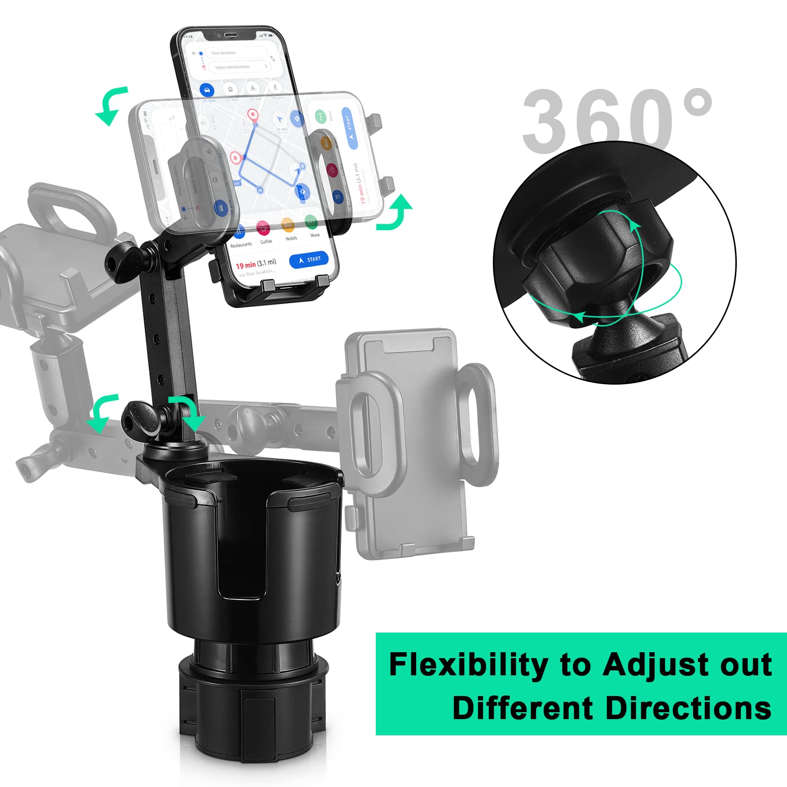 2-Pack Universal Car Cup Holder Expander with 360° Rotating Phone Mount - Compatible with Tesla, SUV, Truck, RV, Golf Cart & Smartphones - Perfect for Road Trips, Camping & Office Use