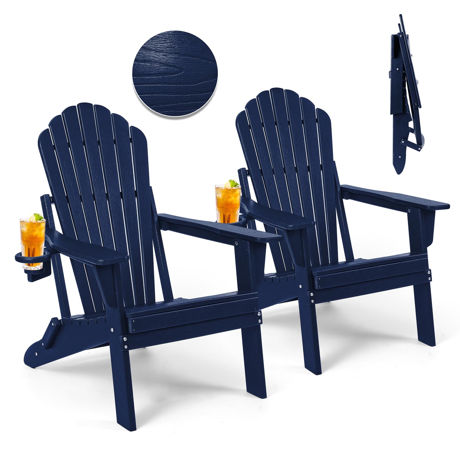 2-Pack Folding Adirondack Chairs - Heavy Duty All-Weather HDPE, Wooden Texture with Cup Holder - Navy Blue Outdoor Patio Furniture for Backyard, Poolside & Garden Relaxation (SGS Certified)